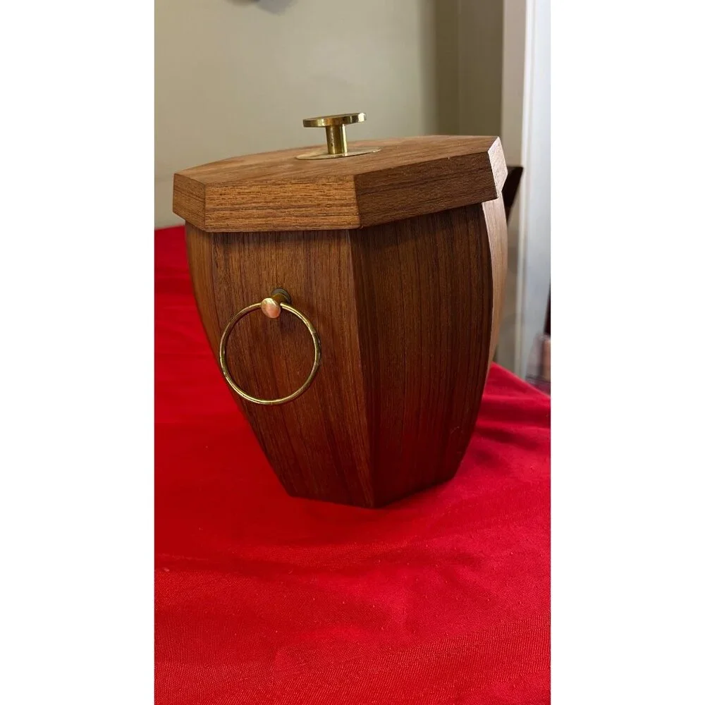 Vintage Japanese Mid-Century Modern Teak Ice Bucket Brass Handle Tongs Octagonal